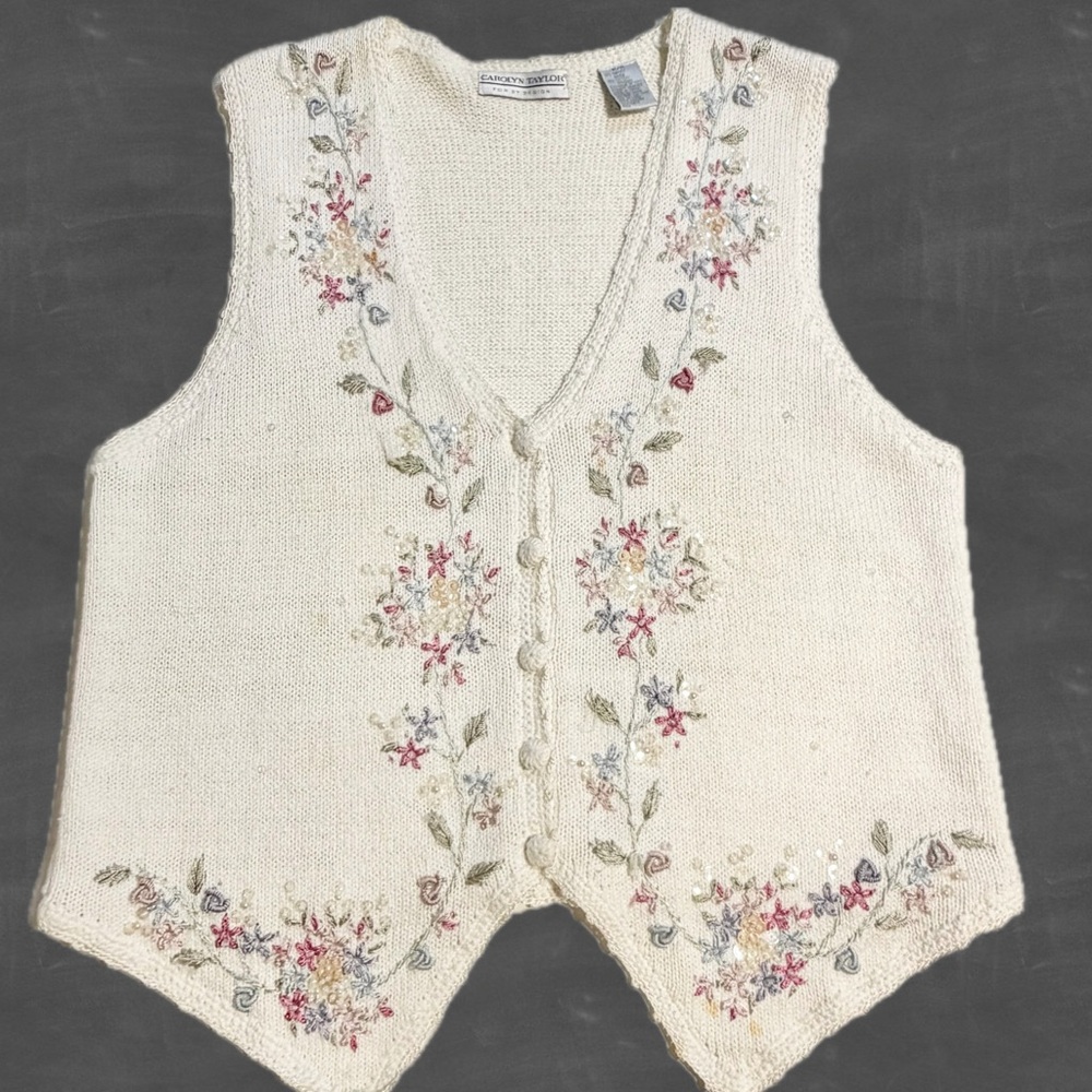VINTAGE cottage flower garden embroidered knit sweater cardigan‎ vest pastel 90s